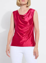 Load image into Gallery viewer, Made from Stretch Satin Jersey, the sleeveless Freida Draped Top offers a slim fit, hip length and asymmetrically draped neckline. Bringing timeless appeal, this elevated blouse looks like silk, while offering the stretchy comfort of Jersey. Pair it with our Baby Bootcut Ankle Denim in White.
