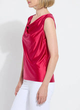 Load image into Gallery viewer, Made from Stretch Satin Jersey, the sleeveless Freida Draped Top offers a slim fit, hip length and asymmetrically draped neckline. Bringing timeless appeal, this elevated blouse looks like silk, while offering the stretchy comfort of Jersey. Pair it with our Baby Bootcut Ankle Denim in White.