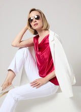 Load image into Gallery viewer, Made from Stretch Satin Jersey, the sleeveless Freida Draped Top offers a slim fit, hip length and asymmetrically draped neckline. Bringing timeless appeal, this elevated blouse looks like silk, while offering the stretchy comfort of Jersey. Pair it with our Baby Bootcut Ankle Denim in White.