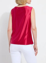 Load image into Gallery viewer, Made from Stretch Satin Jersey, the sleeveless Freida Draped Top offers a slim fit, hip length and asymmetrically draped neckline. Bringing timeless appeal, this elevated blouse looks like silk, while offering the stretchy comfort of Jersey. Pair it with our Baby Bootcut Ankle Denim in White.