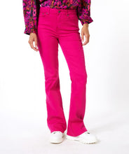 Load image into Gallery viewer, Let your fashion sense come alive with our Fuchsia Colored Flair Denim Trousers. With a modern construction and flair cut, these trousers deliver a bold, feminine style. Offering a flattering fit, EsQualo's quality denim fabric ensures this denim trouser remains comfortable to wear. Not limited to any one look, match our Felizia with a relaxed top or chic blouse for a unique, hassle-free ensemble.