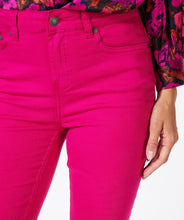 Load image into Gallery viewer, Let your fashion sense come alive with our Fuchsia Colored Flair Denim Trousers. With a modern construction and flair cut, these trousers deliver a bold, feminine style. Offering a flattering fit, EsQualo's quality denim fabric ensures this denim trouser remains comfortable to wear. Not limited to any one look, match our Felizia with a relaxed top or chic blouse for a unique, hassle-free ensemble.