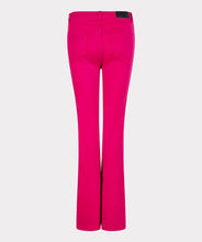 Load image into Gallery viewer, Let your fashion sense come alive with our Fuchsia Colored Flair Denim Trousers. With a modern construction and flair cut, these trousers deliver a bold, feminine style. Offering a flattering fit, EsQualo's quality denim fabric ensures this denim trouser remains comfortable to wear. Not limited to any one look, match our Felizia with a relaxed top or chic blouse for a unique, hassle-free ensemble.