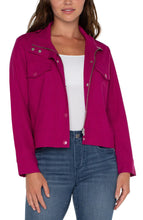 Load image into Gallery viewer, The Florie Fuchsia Kiss Utility Crop Jacket by Liverpool Los Angeles is designed for the stylish woman looking to incorporate the utility jacket trend into her wardrobe. Made from our soft touch twill material, it offers both comfort and stretch, while adding a touch of playfulness and edginess to your outfit choices. With its versatile styling, it is the perfect choice for any minimal yet trendy look.