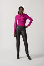 Load image into Gallery viewer, The Joseph Ribkoff long sleeve top features a slim silhouette, bow detail at the neckline, and an ultra-soft, stretchy fabric, allowing you to flaunt a feminine appearance. Ideal for wearing alone or for blending with a blazer, its design ensures a comfortable fit while elevating your look. Color- Opulence Fuchsia. Bow design detail at the neck. Keyhole neckline. Fabric -96% Polyester, 4% Spandex.