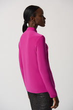 Load image into Gallery viewer, The Joseph Ribkoff long sleeve top features a slim silhouette, bow detail at the neckline, and an ultra-soft, stretchy fabric, allowing you to flaunt a feminine appearance. Ideal for wearing alone or for blending with a blazer, its design ensures a comfortable fit while elevating your look. Color- Opulence Fuchsia. Bow design detail at the neck. Keyhole neckline. Fabric -96% Polyester, 4% Spandex.