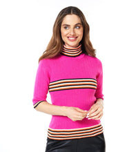 Load image into Gallery viewer, Experience the allure of our "Top Col Scalloped Edges" crafted from top-notch fabric featuring elegant scalloped edges. Playfully designed with sporty stripes, this lightweight sweater top exudes style and poise, making it a must-have garment to enhance any ensemble. Make a chic fashion statement with this piece! Color- Fuchsia, black, cream and orange. Turtleneck. Stripe design. Light weight sweater fabrication. Scalloped edging. Short sleeve.
