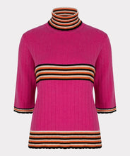 Load image into Gallery viewer, Experience the allure of our "Top Col Scalloped Edges" crafted from top-notch fabric featuring elegant scalloped edges. Playfully designed with sporty stripes, this lightweight sweater top exudes style and poise, making it a must-have garment to enhance any ensemble. Make a chic fashion statement with this piece! Color- Fuchsia, black, cream and orange. Turtleneck. Stripe design. Light weight sweater fabrication. Scalloped edging. Short sleeve.