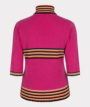 Load image into Gallery viewer, Experience the allure of our "Top Col Scalloped Edges" crafted from top-notch fabric featuring elegant scalloped edges. Playfully designed with sporty stripes, this lightweight sweater top exudes style and poise, making it a must-have garment to enhance any ensemble. Make a chic fashion statement with this piece! Color- Fuchsia, black, cream and orange. Turtleneck. Stripe design. Light weight sweater fabrication. Scalloped edging. Short sleeve.