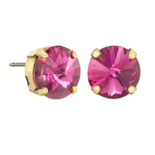 Load image into Gallery viewer, Trentley Fuchsia Stud Earrings are a fashionable choice for adding a bit of sparkle to your look. Crafted from antique gold-plated brass for a timeless finish, these earrings feature 10mm crystals for added shine. Hypoallergenic and made in Canada, these delightful pieces make for an exquisite addition to any wardrobe. Color- Gold and fuchsia. Stud design. Premium crystals. Antique gold plating over brass. Diameter- 10mm.
