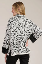 Load image into Gallery viewer, Stand out in style with this Frady Funnel Abstract Cape from Tyler and Boe. The black and white design exudes a modern but classic feel, while the faux fur trim adds a touch of luxury. You definitely will make a fashion statement when you walk into a room wearing this gorgeous top.