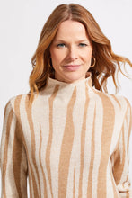 Load image into Gallery viewer, This funnel neck sweater dress is the epitome of modern elegance, offering a harmonious mix of avant-garde fashion and unparalleled comfort. Its striking jacquard pattern ensures you stand out in any crowd, complemented by the refined look of set-in long sleeves and a gently contoured silhouette. The functional side pockets, accented with contrasting trim, add a dash of visual flair.