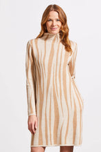 Load image into Gallery viewer, This funnel neck sweater dress is the epitome of modern elegance, offering a harmonious mix of avant-garde fashion and unparalleled comfort. Its striking jacquard pattern ensures you stand out in any crowd, complemented by the refined look of set-in long sleeves and a gently contoured silhouette. The functional side pockets, accented with contrasting trim, add a dash of visual flair.