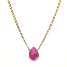 Load image into Gallery viewer, Introducing the Lumi necklace, a dazzling and versatile piece adorned with a high-quality pear-shaped stone in the middle. This antique gold-plated necklace features a 14” length with a 3” extension. Handcrafted in Canada. Color- Gold and fuchsia. Premium crystals. Tear drop in fuchsia. Gold chain. Length- 14 inches with 3-inch extension.