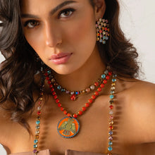 Load image into Gallery viewer, Introducing the Lumi necklace, a dazzling and versatile piece adorned with a high-quality pear-shaped stone in the middle. This antique gold-plated necklace features a 14” length with a 3” extension. Handcrafted in Canada. Color- Gold and fuchsia. Premium crystals. Tear drop in fuchsia. Gold chain. Length- 14 inches with 3-inch extension.