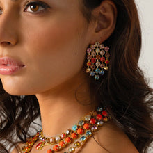 Load image into Gallery viewer, Introducing the Lumi necklace, a dazzling and versatile piece adorned with a high-quality pear-shaped stone in the middle. This antique gold-plated necklace features a 14” length with a 3” extension. Handcrafted in Canada. Color- Gold and fuchsia. Premium crystals. Tear drop in fuchsia. Gold chain. Length- 14 inches with 3-inch extension.