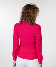 Load image into Gallery viewer, An amazing fuchsia color adorns this sleek, stretch fabric to create a sophisticated blouse that is sure to provide you compliments. Shiny, gold buttons add a pop of elegance to this stunning top. A gathered front adds extra glamour. Pair with a pair of white or black pants for a more formal look or wear with your favorite denim on casual days.
