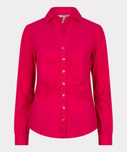 Load image into Gallery viewer, An amazing fuchsia color adorns this sleek, stretch fabric to create a sophisticated blouse that is sure to provide you compliments. Shiny, gold buttons add a pop of elegance to this stunning top. A gathered front adds extra glamour. Pair with a pair of white or black pants for a more formal look or wear with your favorite denim on casual days.