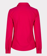 Load image into Gallery viewer, An amazing fuchsia color adorns this sleek, stretch fabric to create a sophisticated blouse that is sure to provide you compliments. Shiny, gold buttons add a pop of elegance to this stunning top. A gathered front adds extra glamour. Pair with a pair of white or black pants for a more formal look or wear with your favorite denim on casual days.