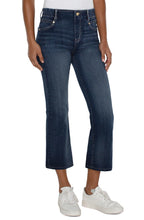 Load image into Gallery viewer, Meet Gia. She’s our patented pull-on jean with the perfect blend of innovation and style. Experience the ease of slipping into these flares! Our patented design offers a seamless and flattering fit, enhancing your curves while providing unmatched comfort. Dual FX stretch and recovery technology ensures that these pants move with you, offering flexibility for all your daily activities, while bouncing back to their original shape effortlessly. Color- Edgehill; Dark blue with slight fading.