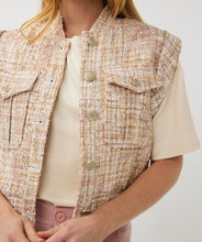 Load image into Gallery viewer, Add a touch of timeless elegance to your wardrobe with this exquisite tweed waistcoat. Featuring a blend of warm sand tones, off-white, delicate chalk pink and gold metallic treading, this vest offers a refined, versatile look that’s perfect for layering. Designed for both comfort and style, it pairs effortlessly with trousers, skirts, or dresses to create polished ensembles for any occasion.