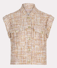 Load image into Gallery viewer, Add a touch of timeless elegance to your wardrobe with this exquisite tweed waistcoat. Featuring a blend of warm sand tones, off-white, delicate chalk pink and gold metallic treading, this vest offers a refined, versatile look that’s perfect for layering. Designed for both comfort and style, it pairs effortlessly with trousers, skirts, or dresses to create polished ensembles for any occasion.