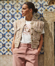 Load image into Gallery viewer, Add a touch of timeless elegance to your wardrobe with this exquisite tweed waistcoat. Featuring a blend of warm sand tones, off-white, delicate chalk pink and gold metallic treading, this vest offers a refined, versatile look that’s perfect for layering. Designed for both comfort and style, it pairs effortlessly with trousers, skirts, or dresses to create polished ensembles for any occasion.