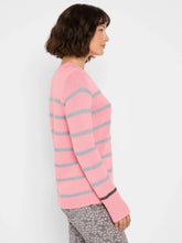Load image into Gallery viewer, Woman wearing a pink with grey and black stripes and grey animal print pants against a white background.