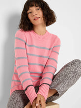 Load image into Gallery viewer, Woman sitting on a barstool wearing a pink with grey and black stripes and grey animal print pants against a white background.