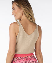 Load image into Gallery viewer, The Gold Lurex Wide Strap Camisole by EsQualo is a versatile piece that can be worn on its own or layered under a jacket, blazer, or cardigan. Its shimmering fabric adds a perfect touch of sparkle to any outfit in the spring or summer, making it suitable for both dressy and casual occasions.
