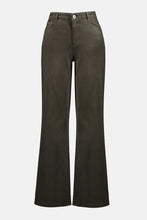 Load image into Gallery viewer, Avocado green wide leg denim pants against a white background.