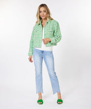 Load image into Gallery viewer, This Green Big Houndstooth Jacket by EsQualo boasts a stylish pied de poule pattern. The jacket has a shorter, relaxed fit, perfect for pairing with jeans. Accentuated by elegant rhinestone buttons, this piece is sure to catch attention.