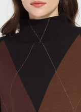 Load image into Gallery viewer, The distinctive Greta Pullover Sweater, made from soft Knit Jacquard, features a sleek funnel neck, shimmering Copper Lurex highlights, side slits with Vegan Suede detailing, and a sophisticated high-low hem. It pairs perfectly with brown or black bottoms for a timeless style, or with denim for a casual vibe.