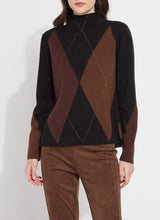 Load image into Gallery viewer, The distinctive Greta Pullover Sweater, made from soft Knit Jacquard, features a sleek funnel neck, shimmering Copper Lurex highlights, side slits with Vegan Suede detailing, and a sophisticated high-low hem. It pairs perfectly with brown or black bottoms for a timeless style, or with denim for a casual vibe.