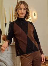 Load image into Gallery viewer, The distinctive Greta Pullover Sweater, made from soft Knit Jacquard, features a sleek funnel neck, shimmering Copper Lurex highlights, side slits with Vegan Suede detailing, and a sophisticated high-low hem. It pairs perfectly with brown or black bottoms for a timeless style, or with denim for a casual vibe.