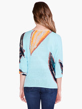 Load image into Gallery viewer, An eye-catching print that speaks to nature and time spent outdoors, printed on top of our feather knit fabric, a super comfortable linen blend. This pullover top features a modern, relaxed fit, a widened boat neck, generous dolman sleeves that reach to the elbow, and a hem that sits at the hip. Color-Aqua Multi. Pullover sweater. Lightweight. Relaxed fit. Boatneck. Elbow sleeve.
