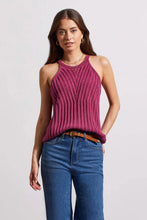 Load image into Gallery viewer, Woman wearing plum ribbed texture sweater halter top and blue jeans with belt against a white background.