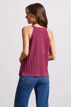 Load image into Gallery viewer, Woman wearing plum ribbed texture sweater halter top and blue jeans against a white background.