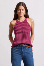 Load image into Gallery viewer, Woman wearing plum ribbed texture sweater halter top and blue jeans with belt against a white background.
