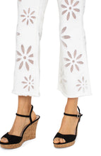 Load image into Gallery viewer, The Hannah Crop Flare with Fray Hem from Liverpool Los Angeles is the perfect blend of chic and contemporary fashion. Featuring delicate embellished floral details, this flattering silhouette adds a stylish touch to any wardrobe. Designed for versatility, these high-rise crop flare jeans offer a comfortable fit while making a statement with their unique frayed hem.