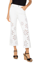 Load image into Gallery viewer, The Hannah Crop Flare with Fray Hem from Liverpool Los Angeles is the perfect blend of chic and contemporary fashion. Featuring delicate embellished floral details, this flattering silhouette adds a stylish touch to any wardrobe. Designed for versatility, these high-rise crop flare jeans offer a comfortable fit while making a statement with their unique frayed hem.