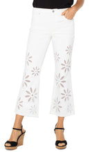 Load image into Gallery viewer, The Hannah Crop Flare with Fray Hem from Liverpool Los Angeles is the perfect blend of chic and contemporary fashion. Featuring delicate embellished floral details, this flattering silhouette adds a stylish touch to any wardrobe. Designed for versatility, these high-rise crop flare jeans offer a comfortable fit while making a statement with their unique frayed hem.