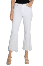 Load image into Gallery viewer, Model wearing black top, white lace detail denim and sandals against a white background.