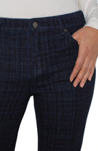 Load image into Gallery viewer, Close up of blue plaid denim pant against a white background.