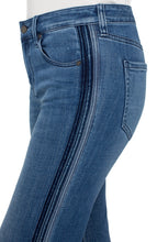 Load image into Gallery viewer, Close-up of blue jeans with side striping against a white background.