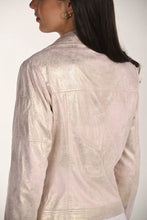 Load image into Gallery viewer, Close-up of a model wearing a light pink metallic jacket on a plain background.