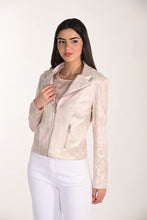Load image into Gallery viewer, Woman wearing a pink and gold metallic moto jacket and white pants against a white background.