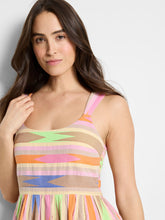 Load image into Gallery viewer, The Nic & Zoe Heat Wave Sadie Dress is a vibrant pink multi pastel fit-and-flare dress with wide straps, a round neckline, and a smocked back for a comfortable fit. Crafted from a lightweight polyester-cotton blend, it features side seam pockets for added practicality. Perfect for warm-weather outings, this dress combines effortless style with everyday wearability.