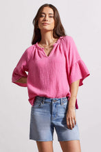 Load image into Gallery viewer, This lovely blouse is made of crinkled gauze cotton, which gives it a light and elegant touch. It features a notch neck that you can pop over, elbow-length raglan sleeves, and bell-shaped cuffs that add some playful charm.