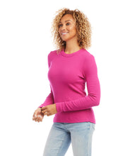 Load image into Gallery viewer, Cold-weather layering calls for this buttery soft ribbed long sleeve top. With its fitted silhouette and textured rib fabrication, this easy basic is a must-have staple. This is the perfect top to layer under our Nadalin Navy and Pink Plaid Shirt Jacket - Karen Kane 3L20180. Color- Hot pink. Fitted. Long sleeve. Brushed Rib: 96% Viscose. 4% Spandex. Hand wash cold water. Do not bleach. Hang to dry.